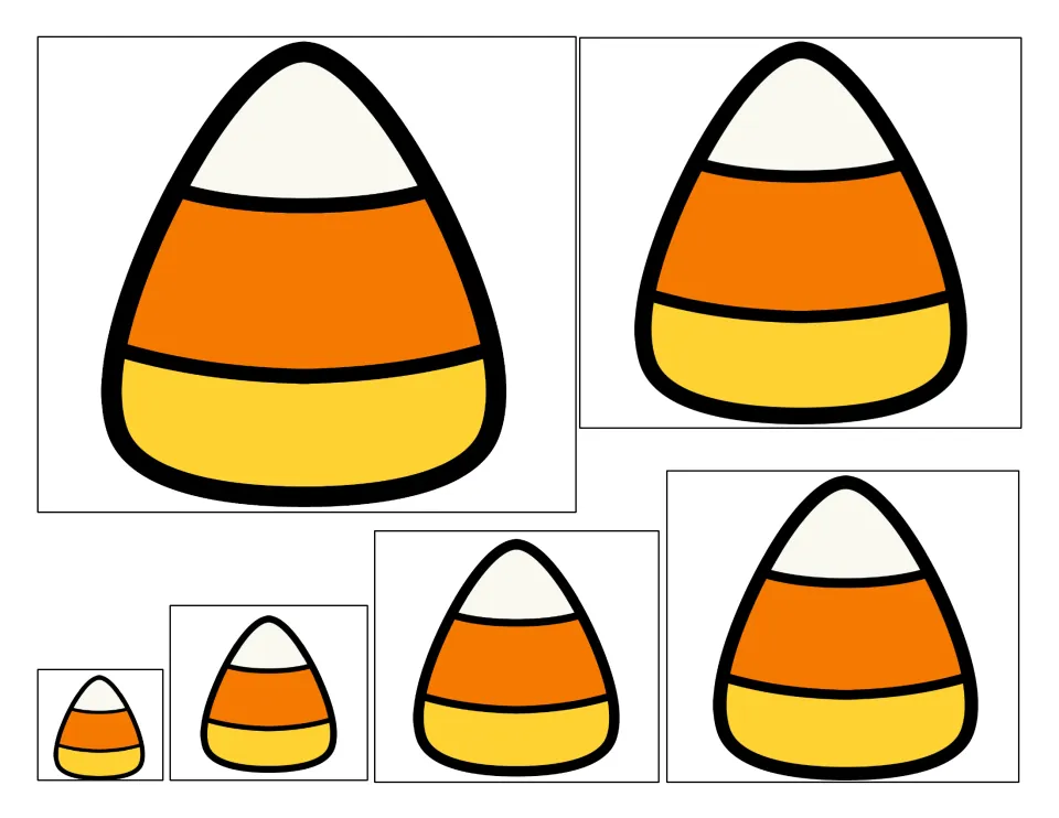 Candy corn size cards: six color candy corn pictures, tiny to large, for students to cut out and order by size