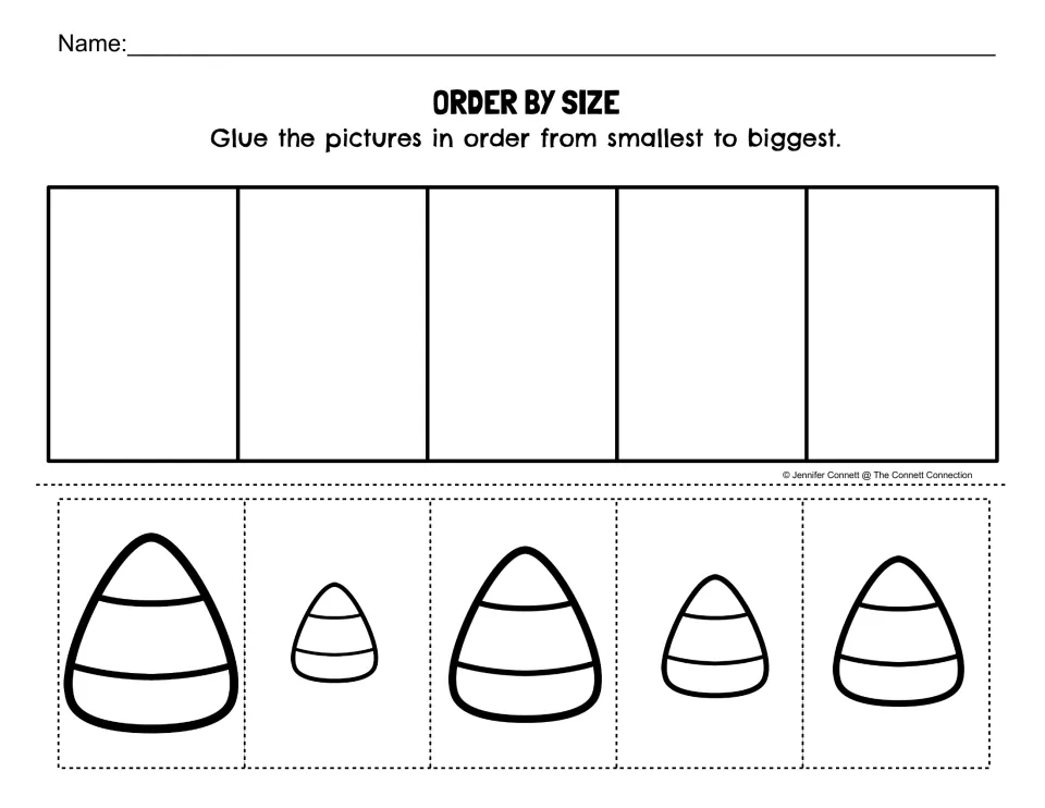 Order by size, smallest to biggest: students cut out five candy corn pictures and glue them in order in five spaces