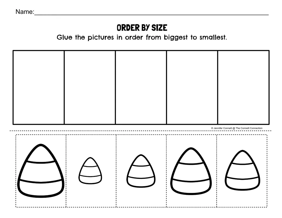Order by size, biggest to smallest: students cut out five candy corn pictures and glue them in descending order