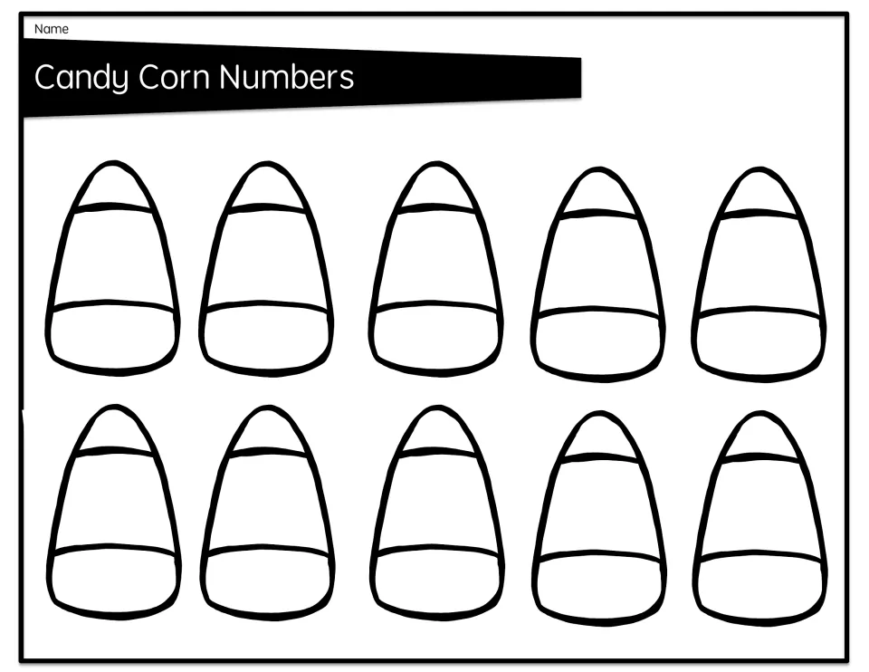 Candy Corn Numbers without printed directions: 10 blank candy corn shapes, each split into three parts for student answers