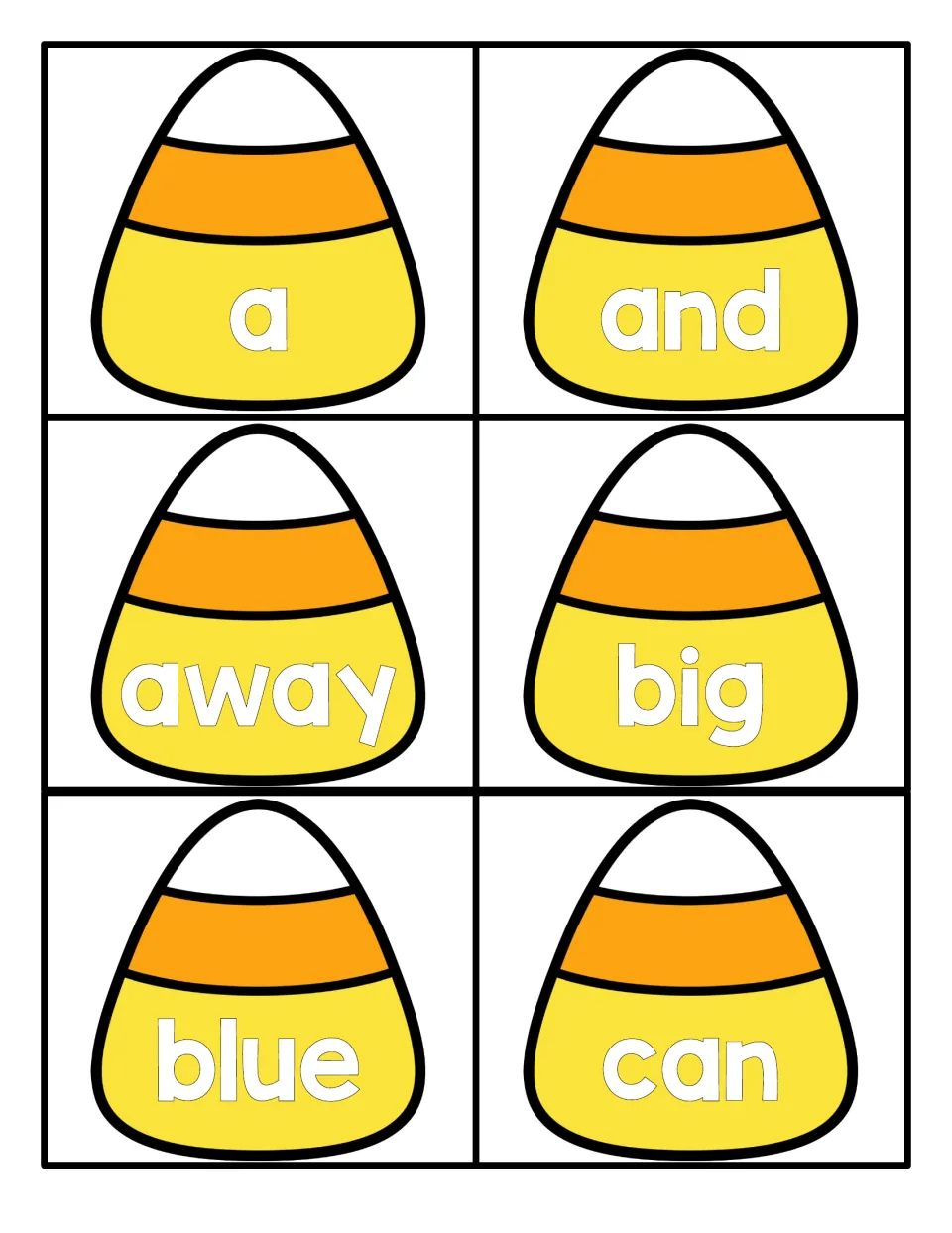 Candy corn sight word cards for a, and, away, big, blue and can: students read each word printed on a candy corn