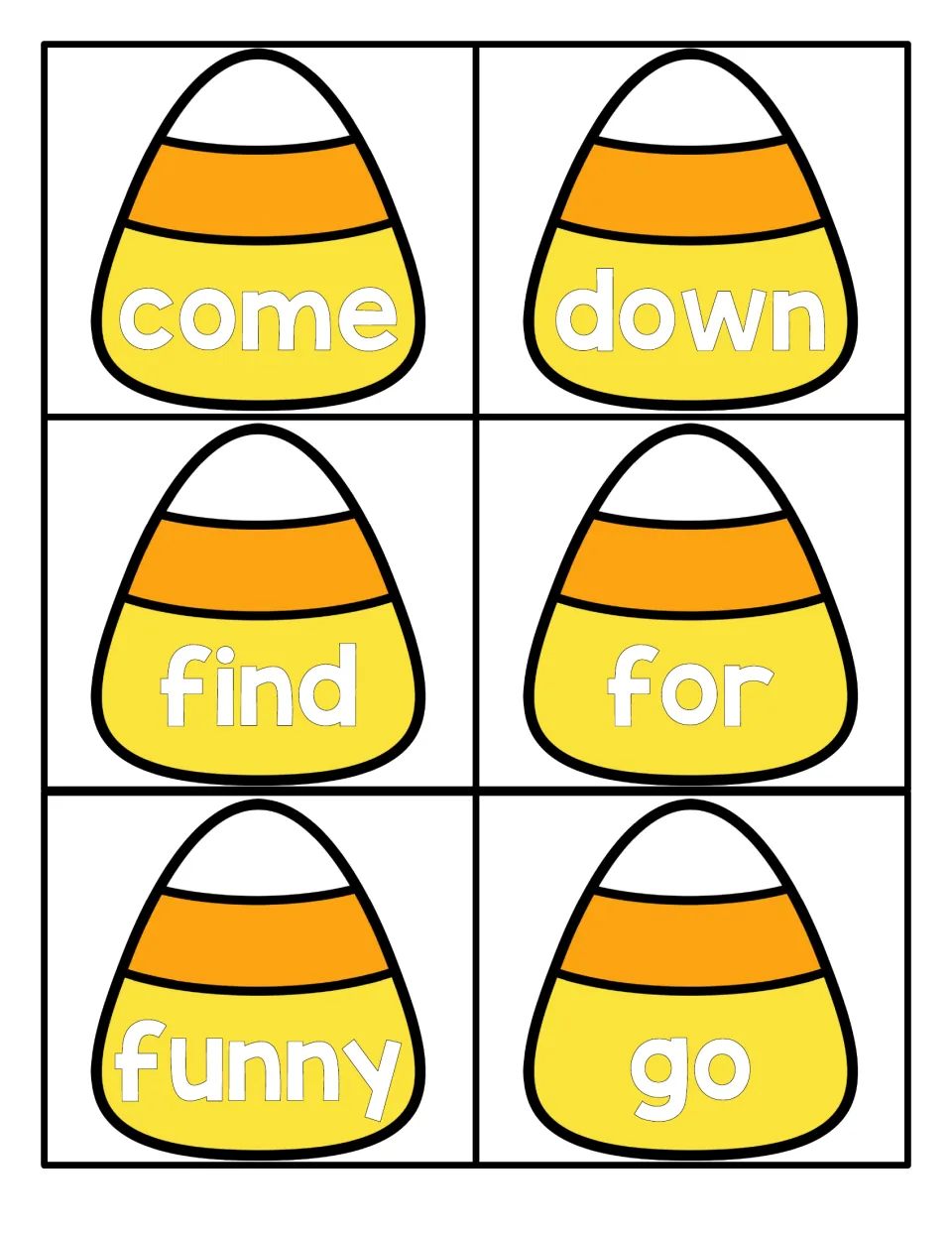 Preprimer words come, down, find, for, funny and go on six candy corn cards for students to read by sight