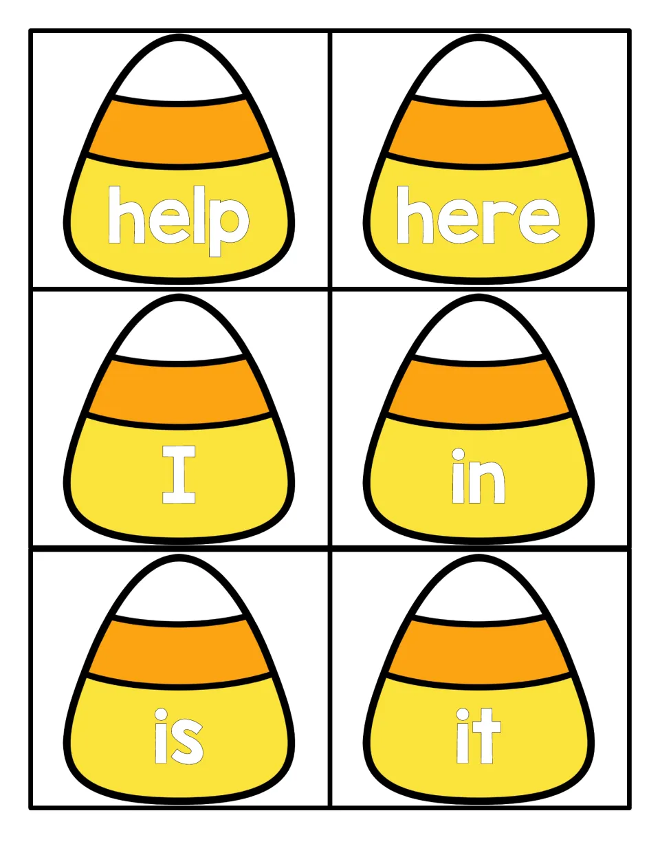 Six candy corn word cards showing help, here, I, in, is and it for students to recognise and read as high-frequency words