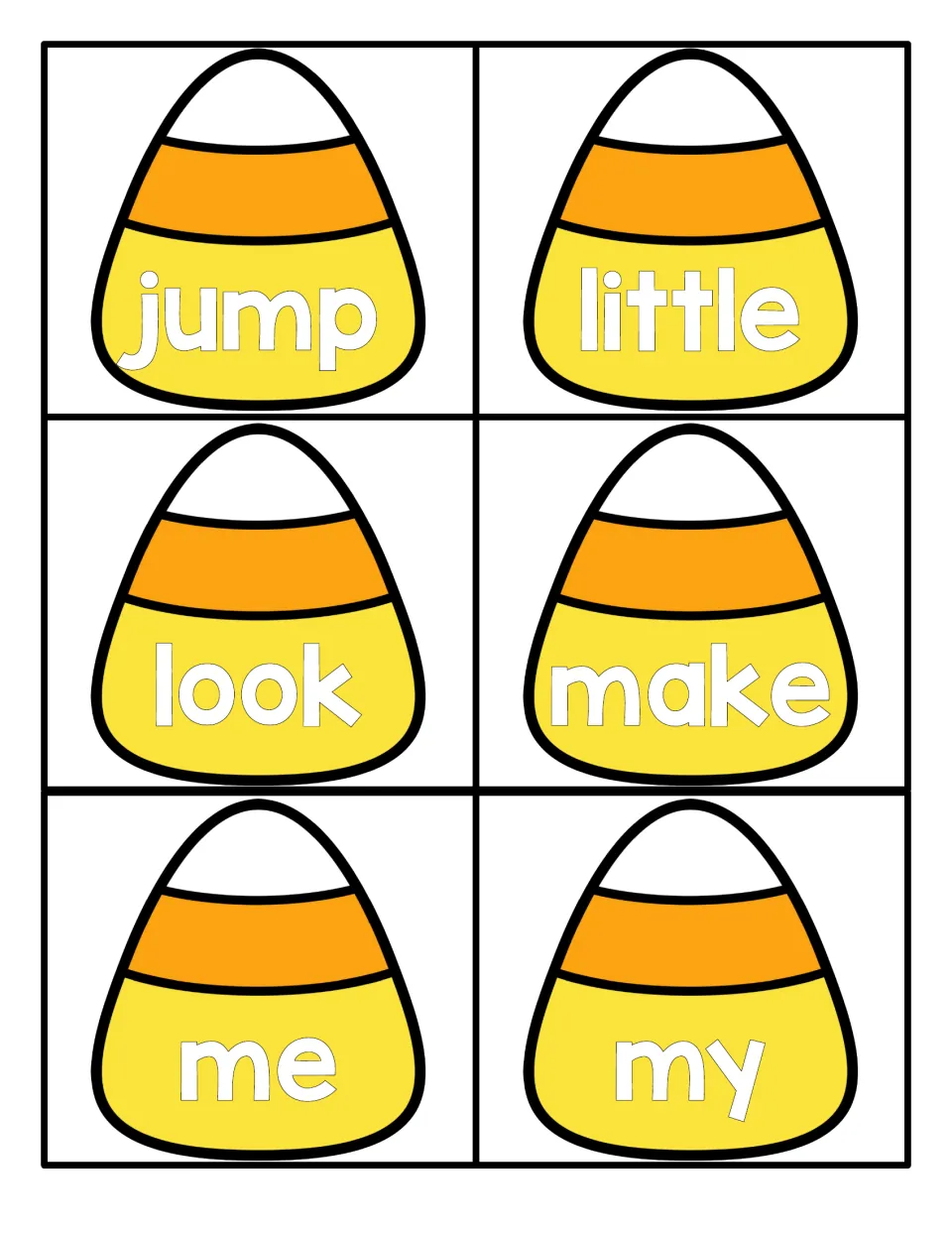 Sight word reading: jump, little, look, make, me and my each printed in white on a yellow and orange candy corn card