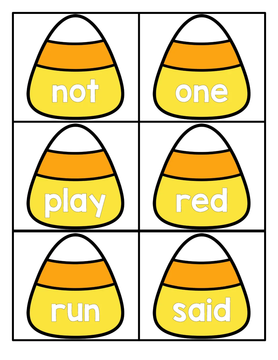 High-frequency word cards for not, one, play, red, run and said, each on a candy corn shape for students to read on sight