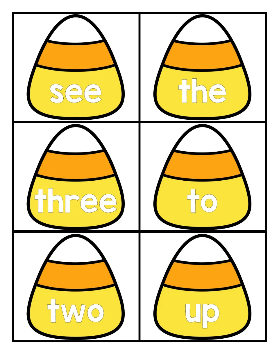 Word recognition practice: candy corn cards showing see, the, three, to, two and up for students to read quickly by sight