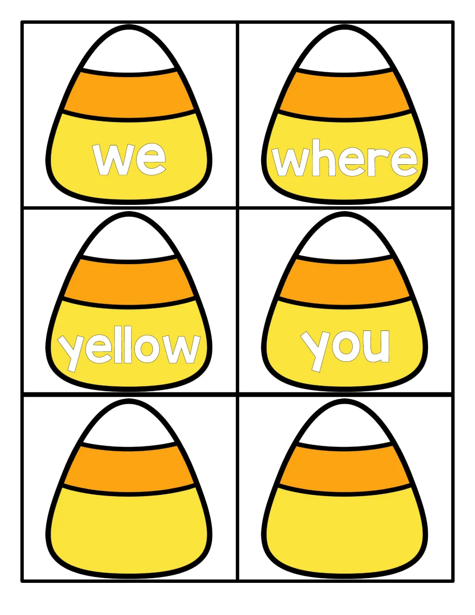 Final word cards: we, where, yellow and you on candy corns, plus two blank candy corn cards for adding extra words