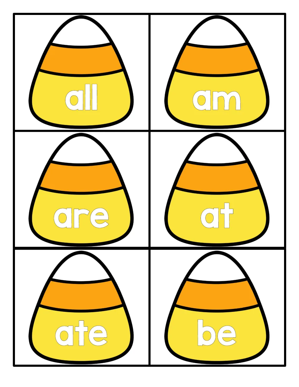 Sight word cards: six candy corn cards to cut apart and read, showing all, am, are, at, ate and be