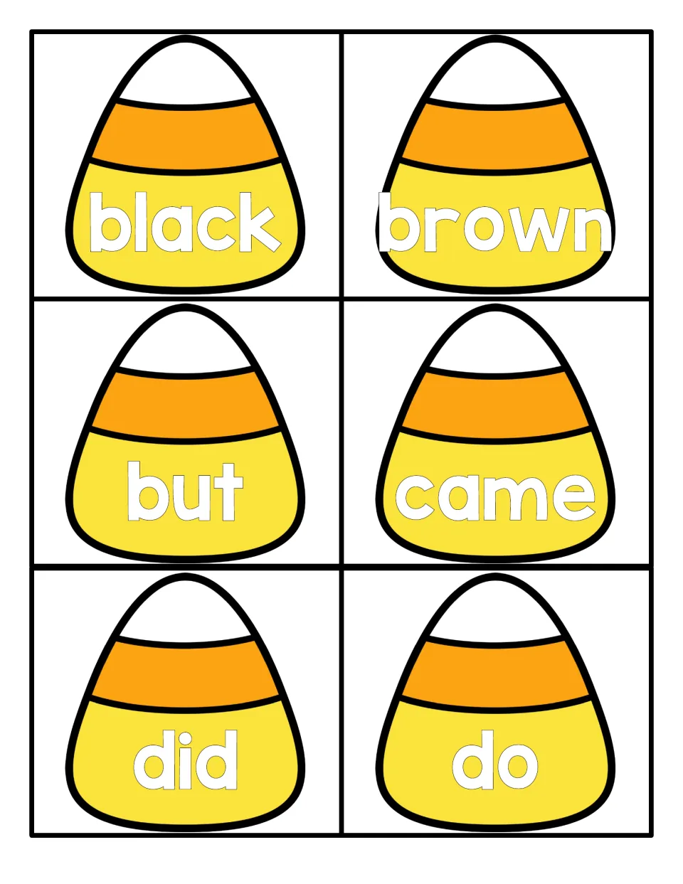 Candy corn word cards for reading practice with black, brown, but, came, did and do printed in white