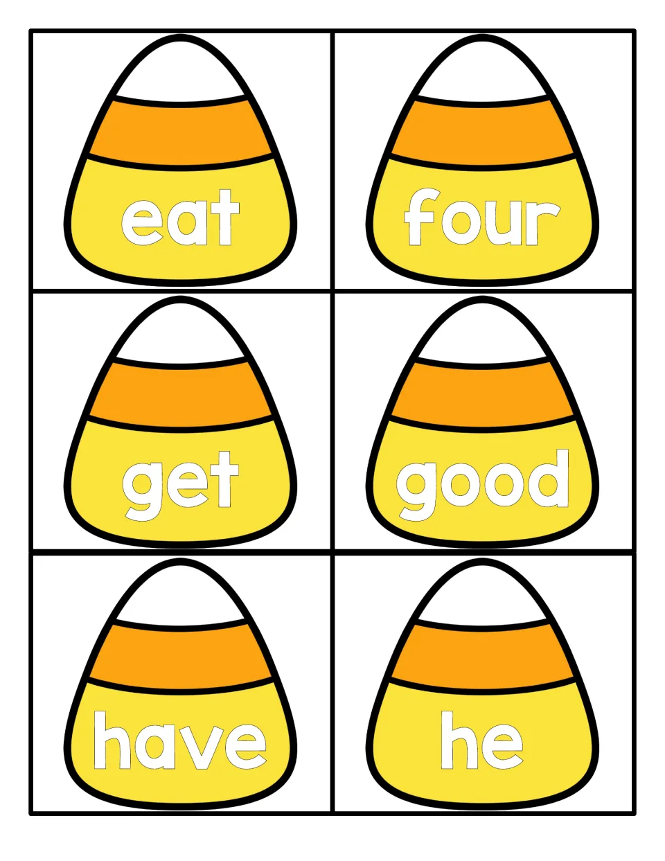 High-frequency words on candy corn cards for students to read: eat, four, get, good, have and he
