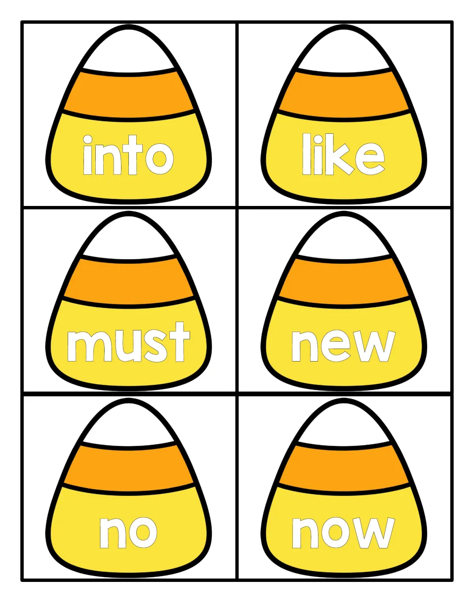 Candy corn flashcards with the words into, like, must, new, no and now for practising word recognition