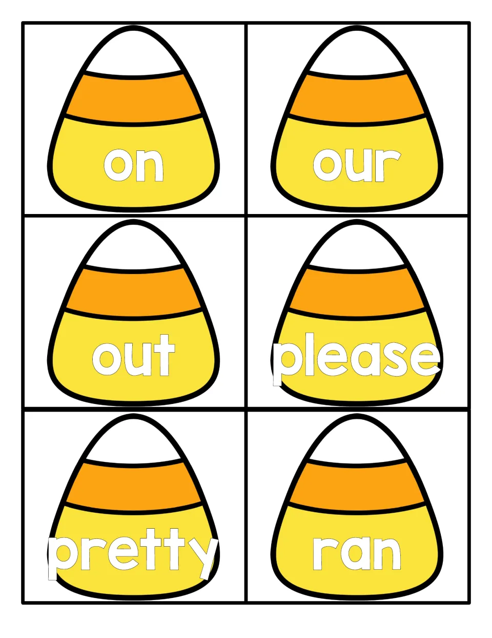 Word recognition cards shaped like candy corn showing on, our, out, please, pretty and ran to read aloud