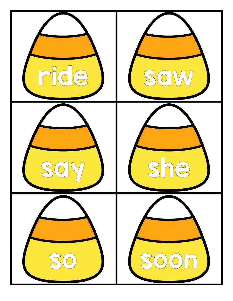 Candy corn sight word set: ride, saw, say, she, so and soon, each on its own card for students to read