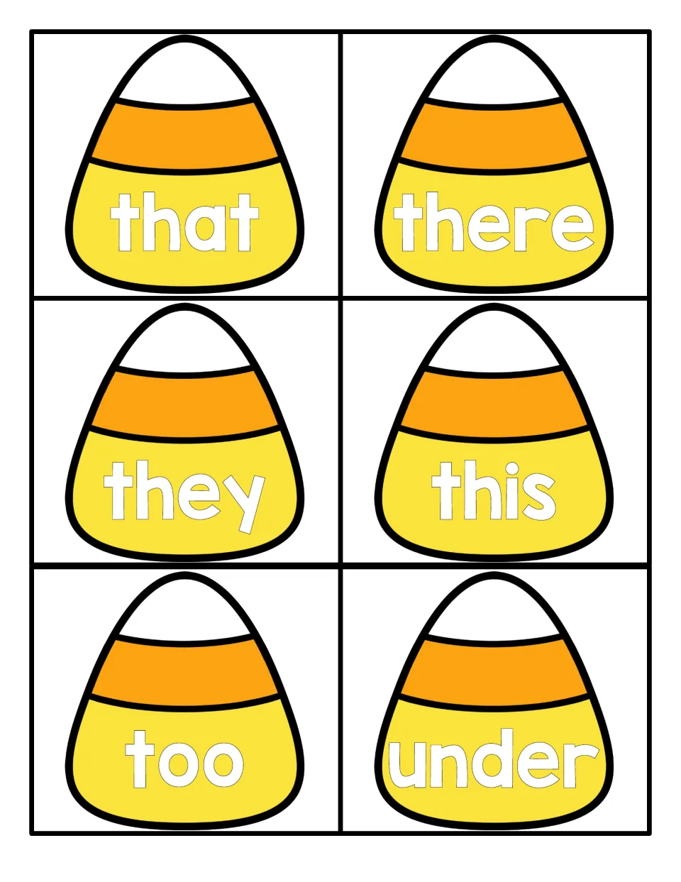 Reading cards in candy corn shapes with that, there, they, this, too and under for students to name