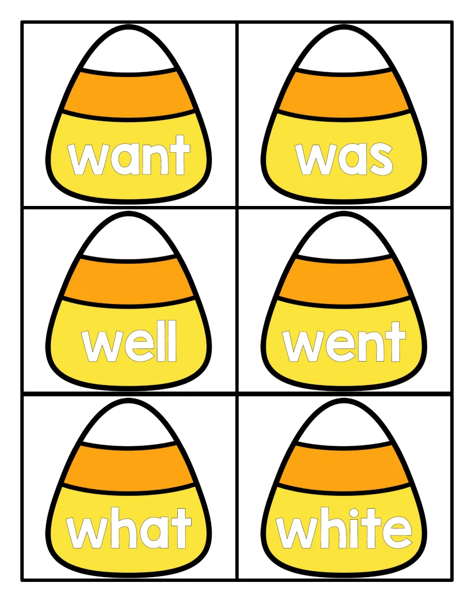 Candy corn cards for word reading practice featuring want, was, well, went, what and white