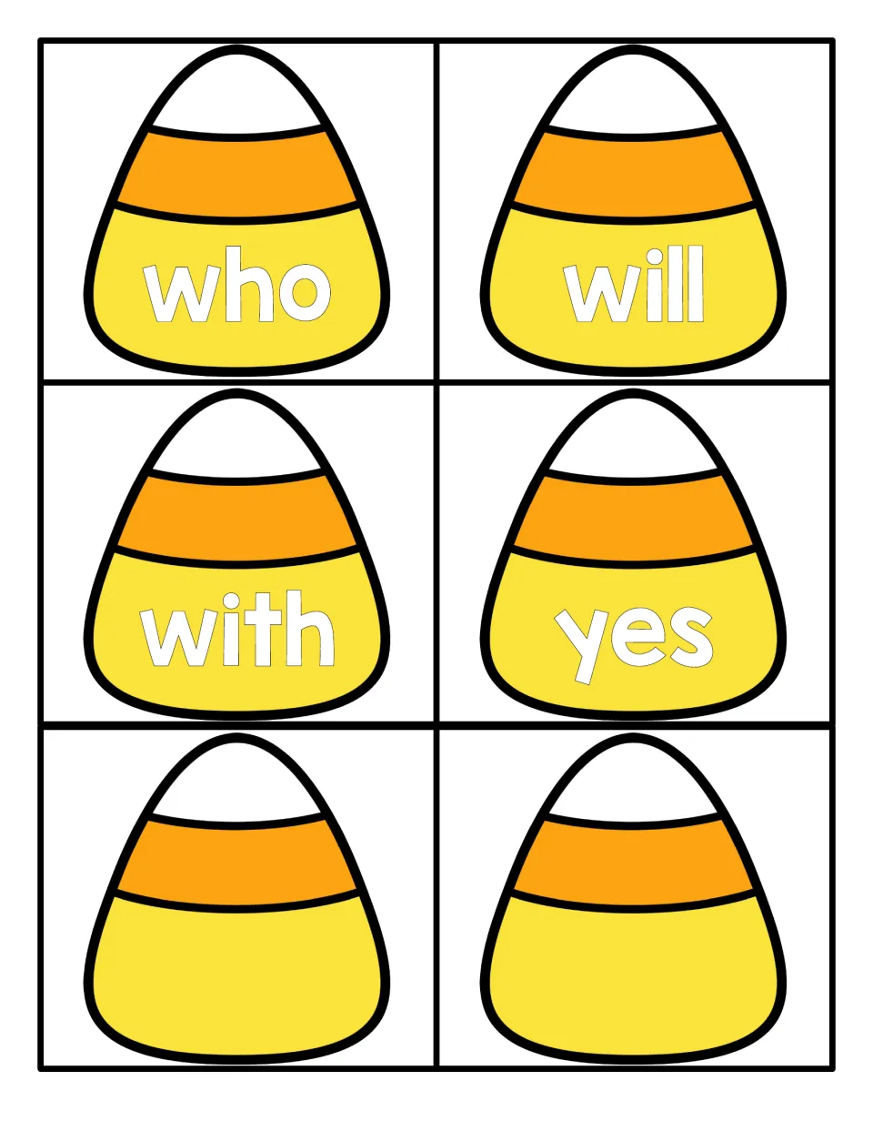 Final candy corn word cards with who, will, with and yes, plus two blank candy corns to add your own words