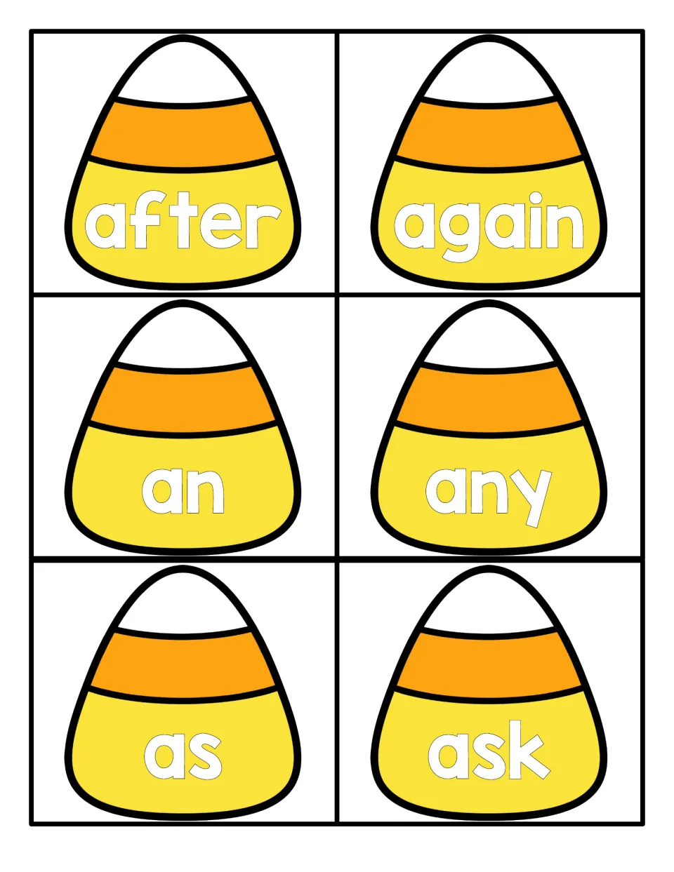 Sight word flashcards: six candy corn cards to cut apart for reading practice with after, again, an, any, as and ask