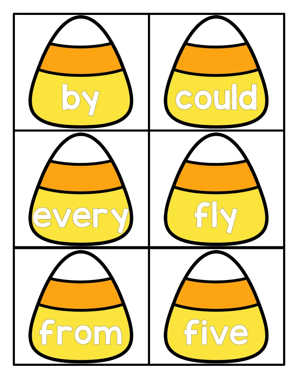 Sight word reading cards on candy corn shapes for the words by, could, every, fly, from and five, cut apart to practise