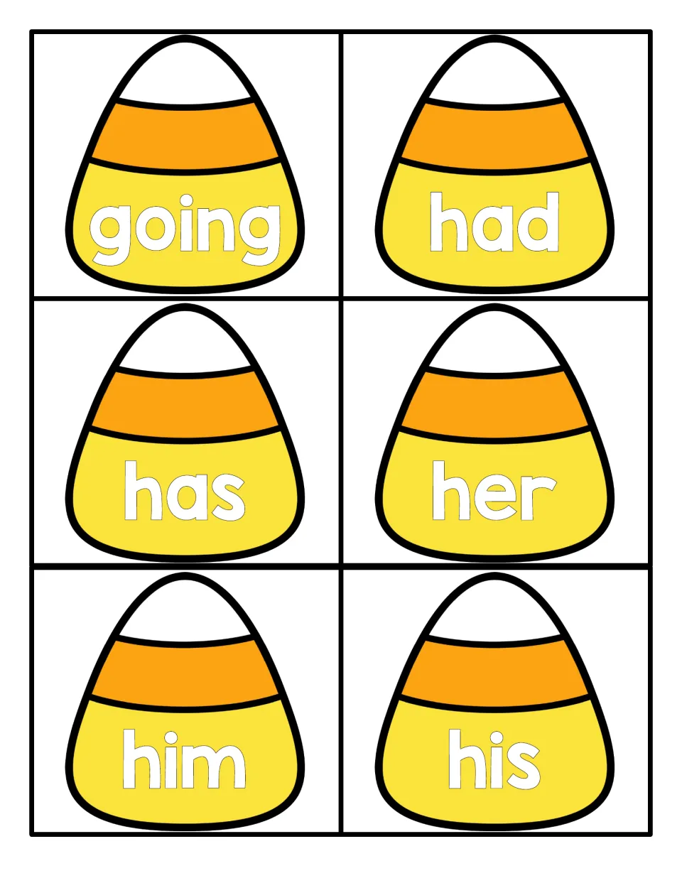 Candy corn sight word cards for going, had, has, her, him and his for students to read aloud as a word recognition drill