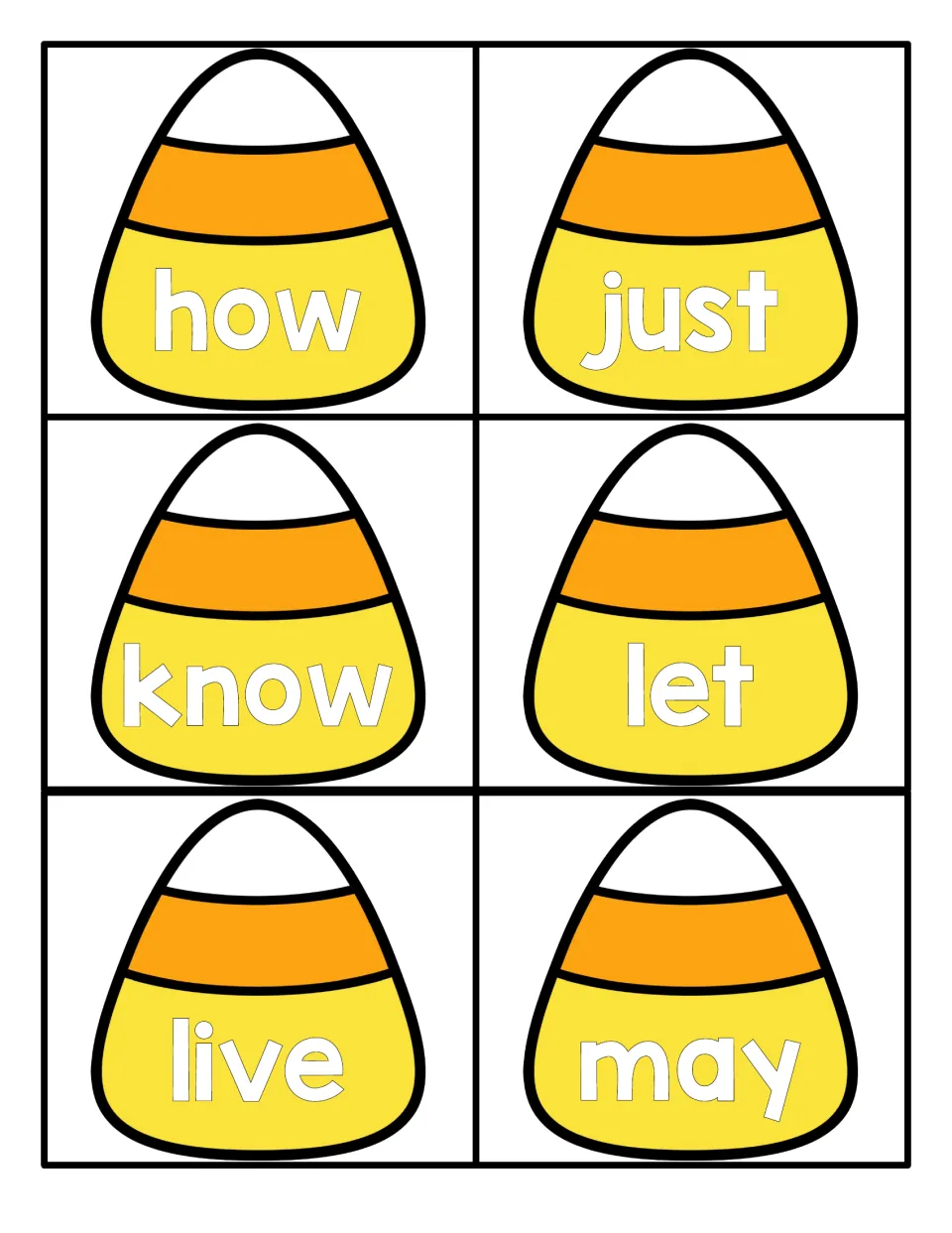 Halloween candy corn flashcards with the sight words how, just, know, let, live and may for quick word recognition drills