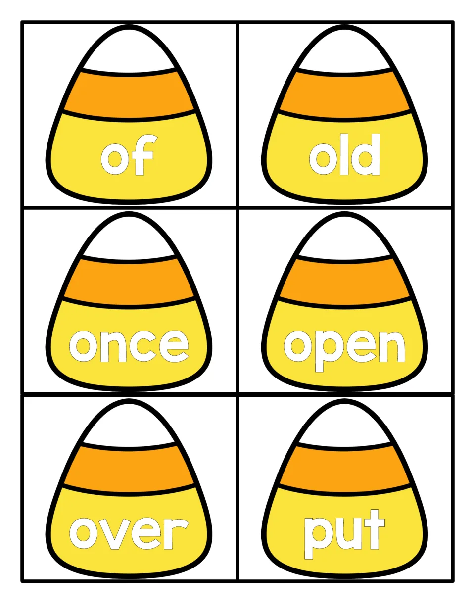 Fall sight word cards shaped like candy corn showing of, old, once, open, over and put for students to read and memorize