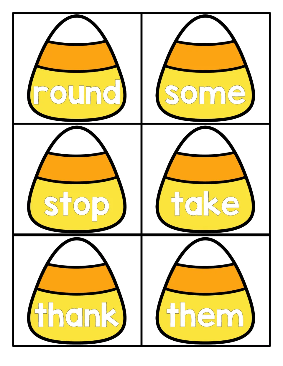Candy corn word cards for reading the sight words round, some, stop, take, thank and them, printed six to a sheet to cut