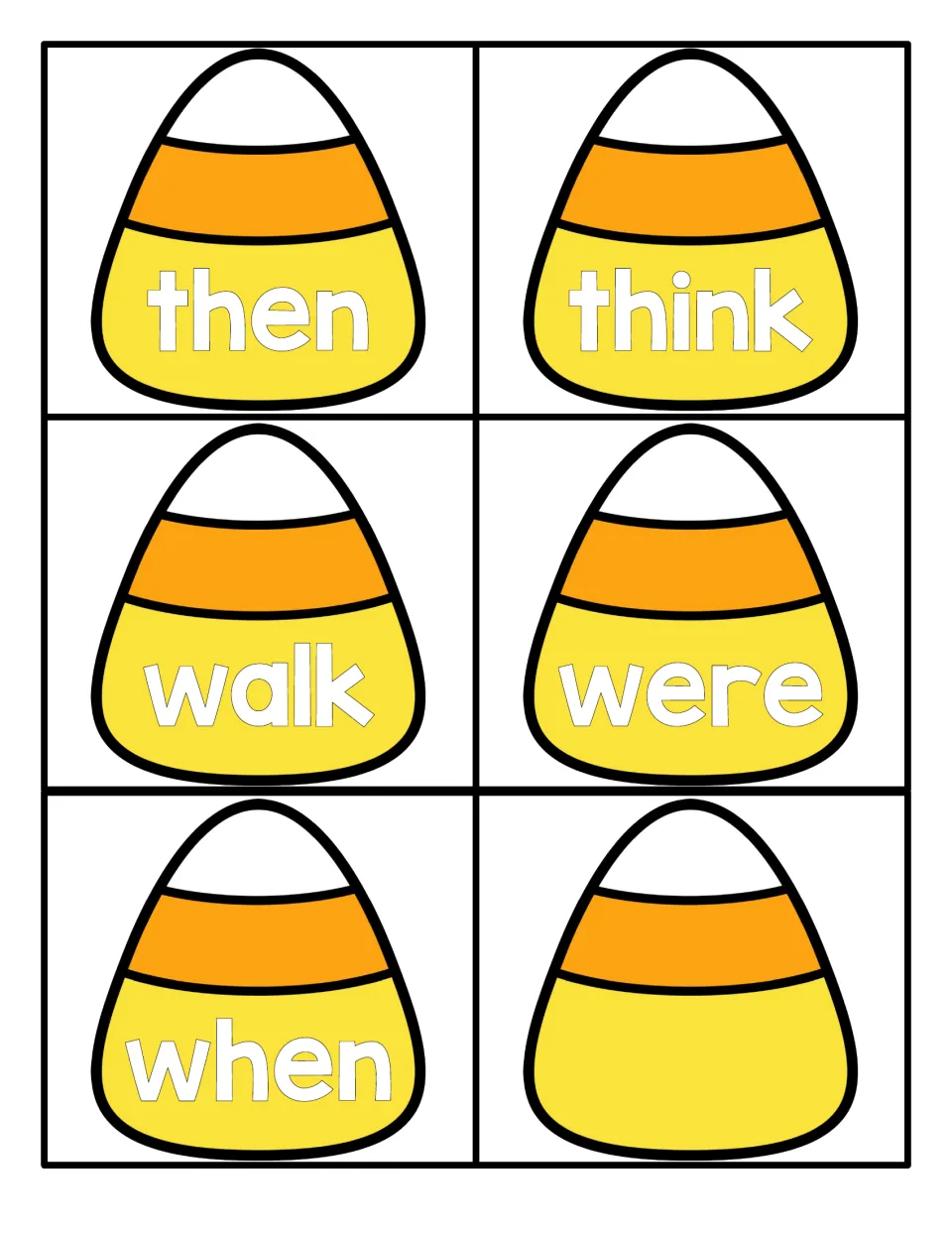 Final candy corn sight word cards for then, think, walk, were and when, plus one blank candy corn card to fill in a word