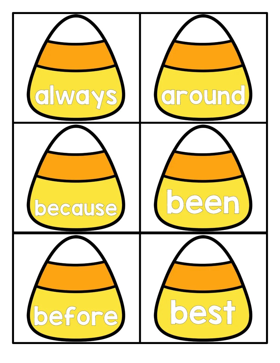 Candy corn sight word flashcards for reading practice: always, around, because, been, before and best, six to cut apart