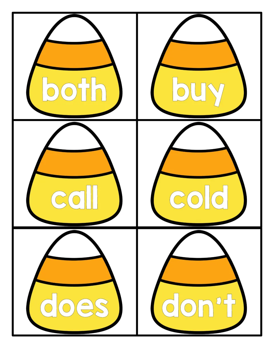 Sight word flashcards on candy corn shapes for word recognition: both, buy, call, cold, does and don't, six per sheet
