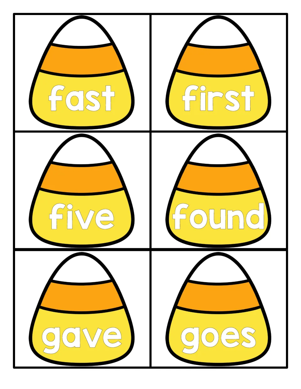 Candy corn flashcards for sight word reading: students practise fast, first, five, found, gave and goes on six cards