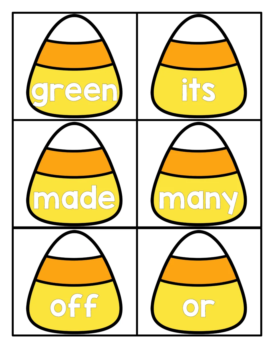 Sight word reading cards shaped like candy corn: green, its, made, many, off and or, six words for quick recognition