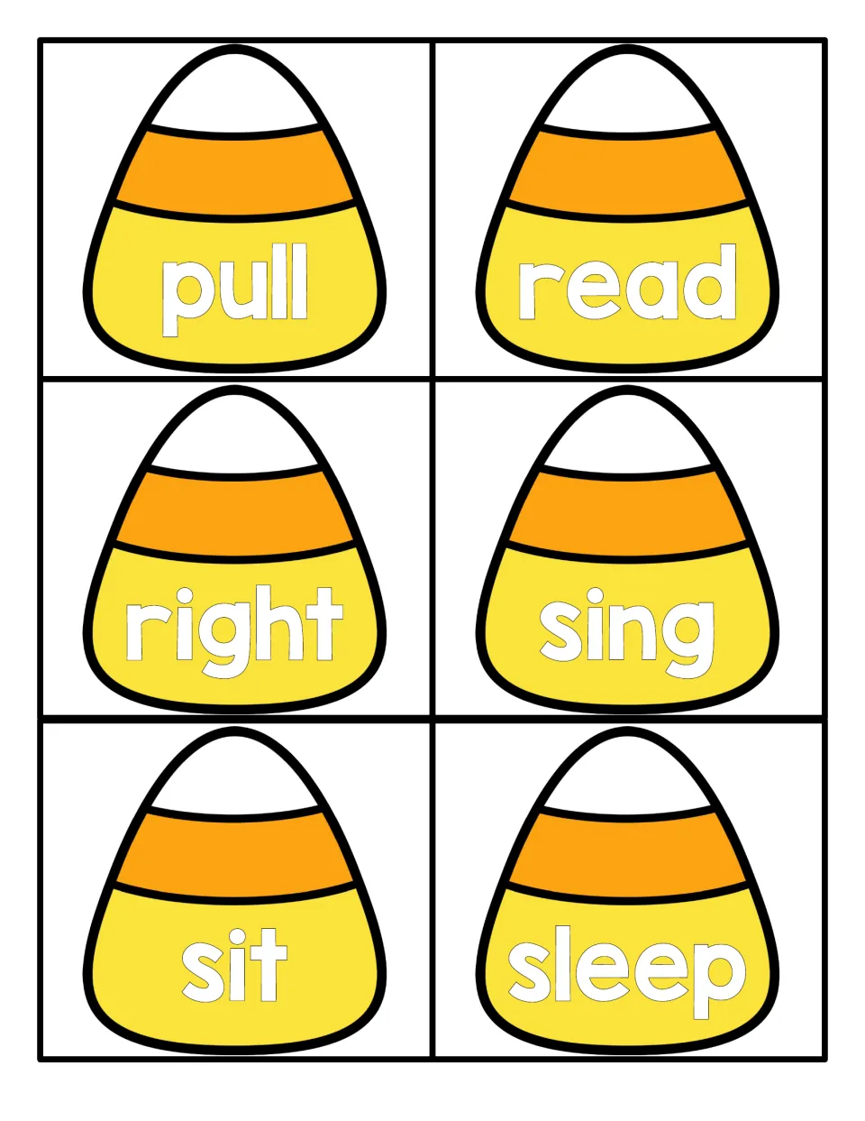 Candy corn word cards for reading high-frequency words: pull, read, right, sing, sit and sleep, six cards on this sheet