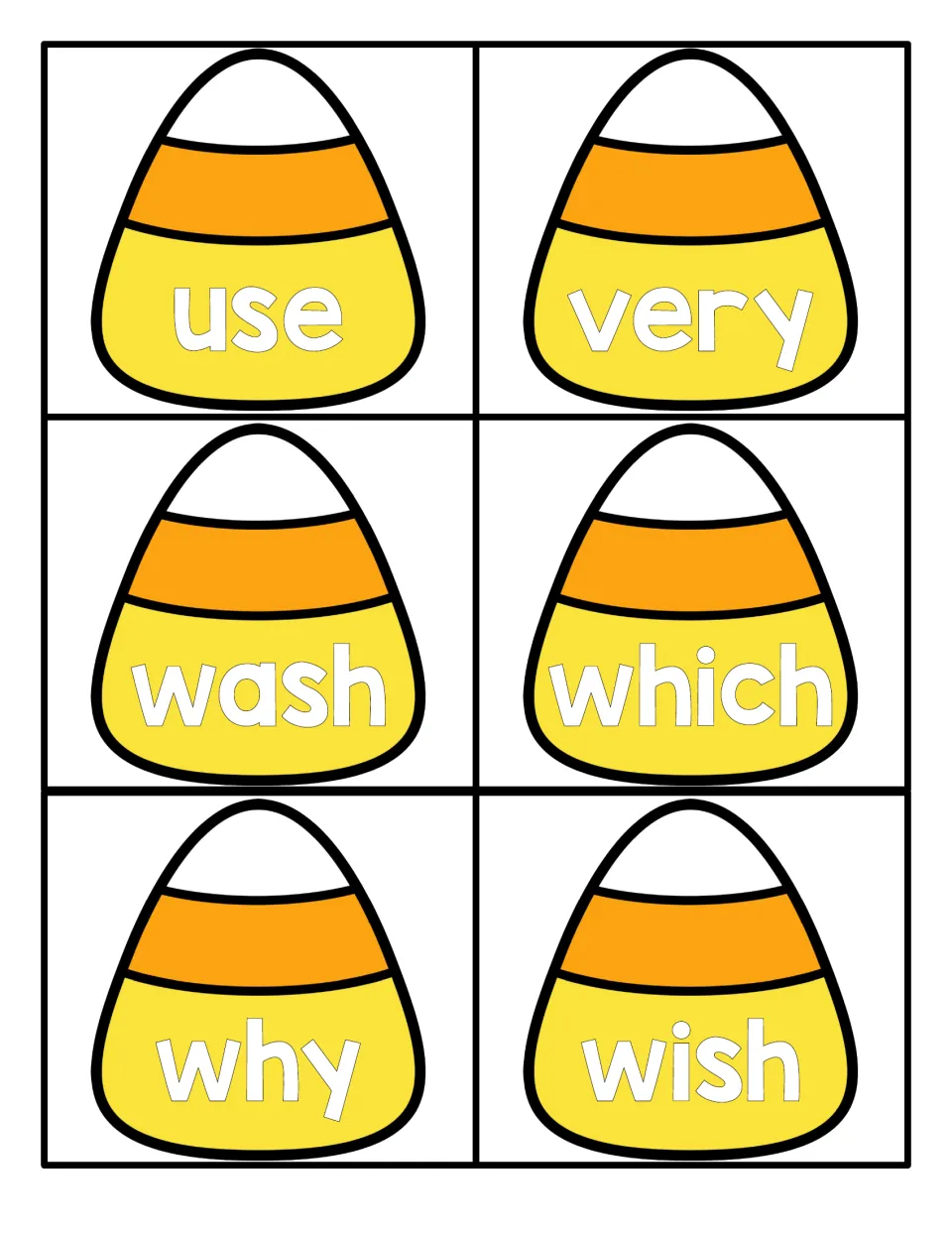 Candy corn sight word cards for fluent word recognition: use, very, wash, which, why and wish, six to cut and read