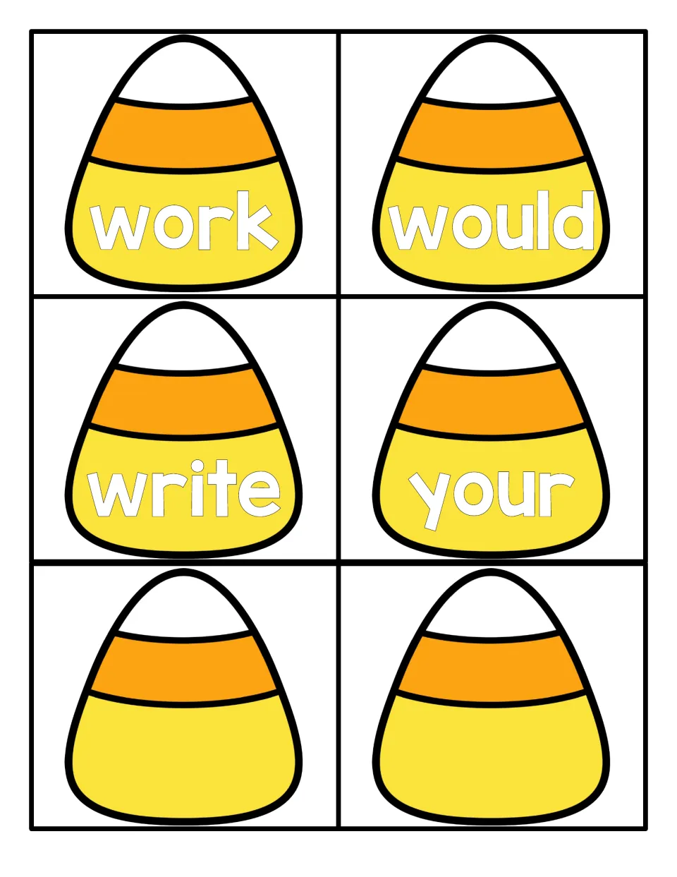 Final candy corn sight word cards: work, would, write and your, plus two blank candy corns for adding your own words