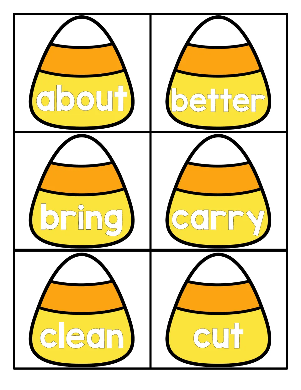 Candy corn sight word cards: about, better, bring, carry, clean and cut, six words for students to read on sight