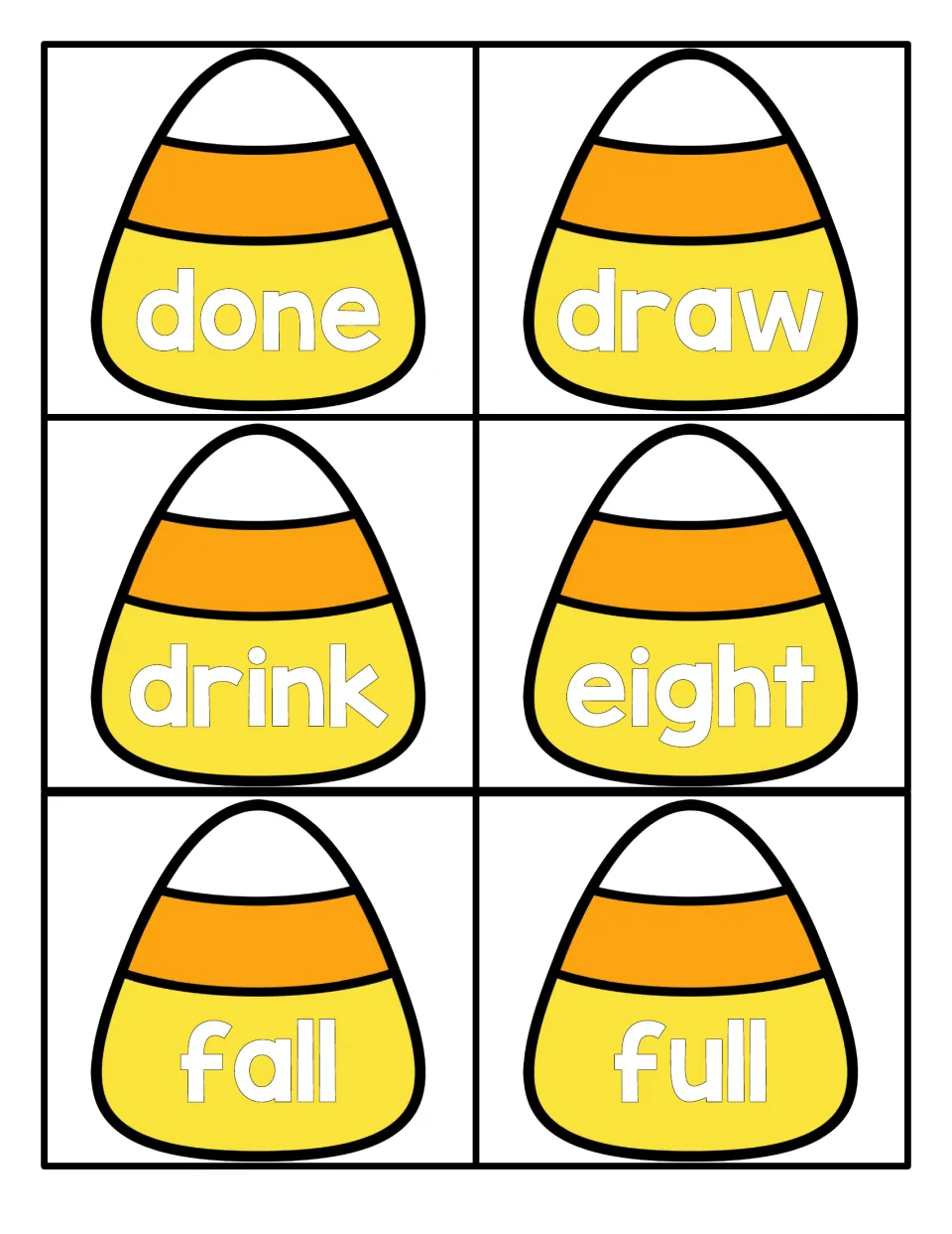 Sight word flashcards on candy corn shapes for done, draw, drink, eight, fall and full, for quick word recognition