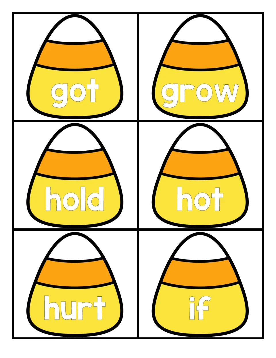 Candy corn word cards with got, grow, hold, hot, hurt and if; students practise reading these sight words fluently