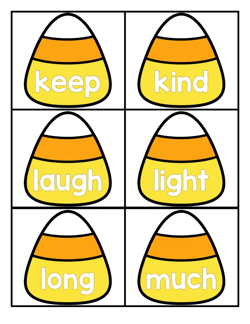 Sight words keep, kind, laugh, light, long and much on candy corn cards for students to read and recognize quickly