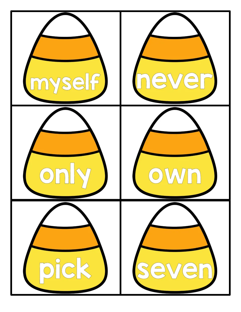 Candy corn flashcards showing myself, never, only, own, pick and seven for practising automatic sight word reading