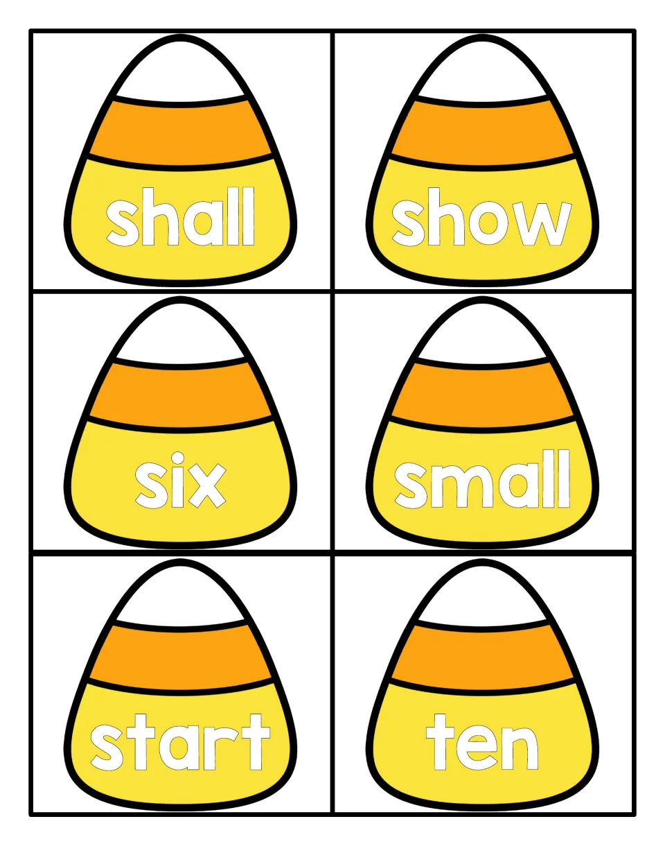 Word cards shaped like candy corn for shall, show, six, small, start and ten; students read each high-frequency word