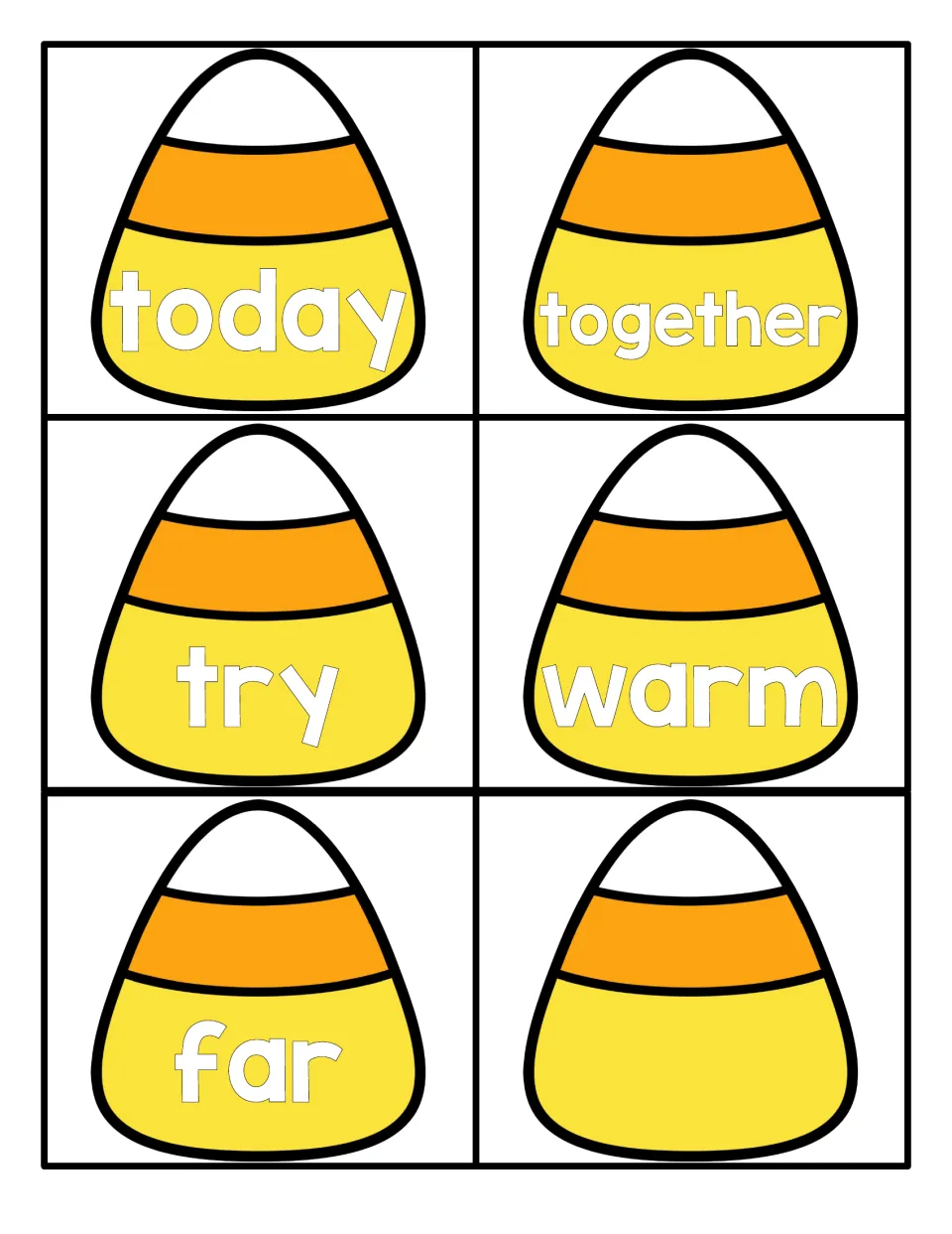 Final candy corn sight word set: today, together, try, warm and far, plus one blank candy corn card for a custom word