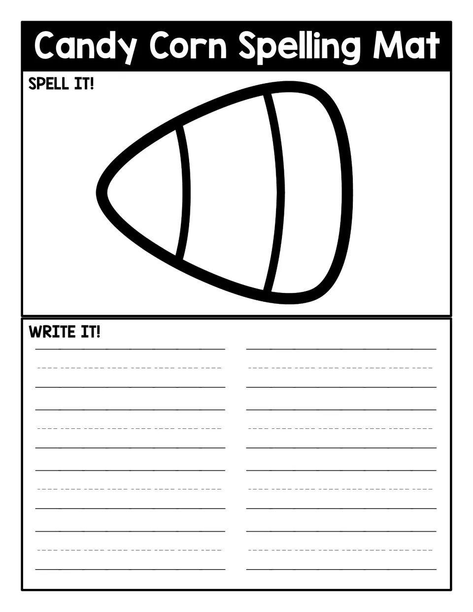 Candy corn spelling mat: students spell a CVC word in the three-part candy corn, then write it on the handwriting lines
