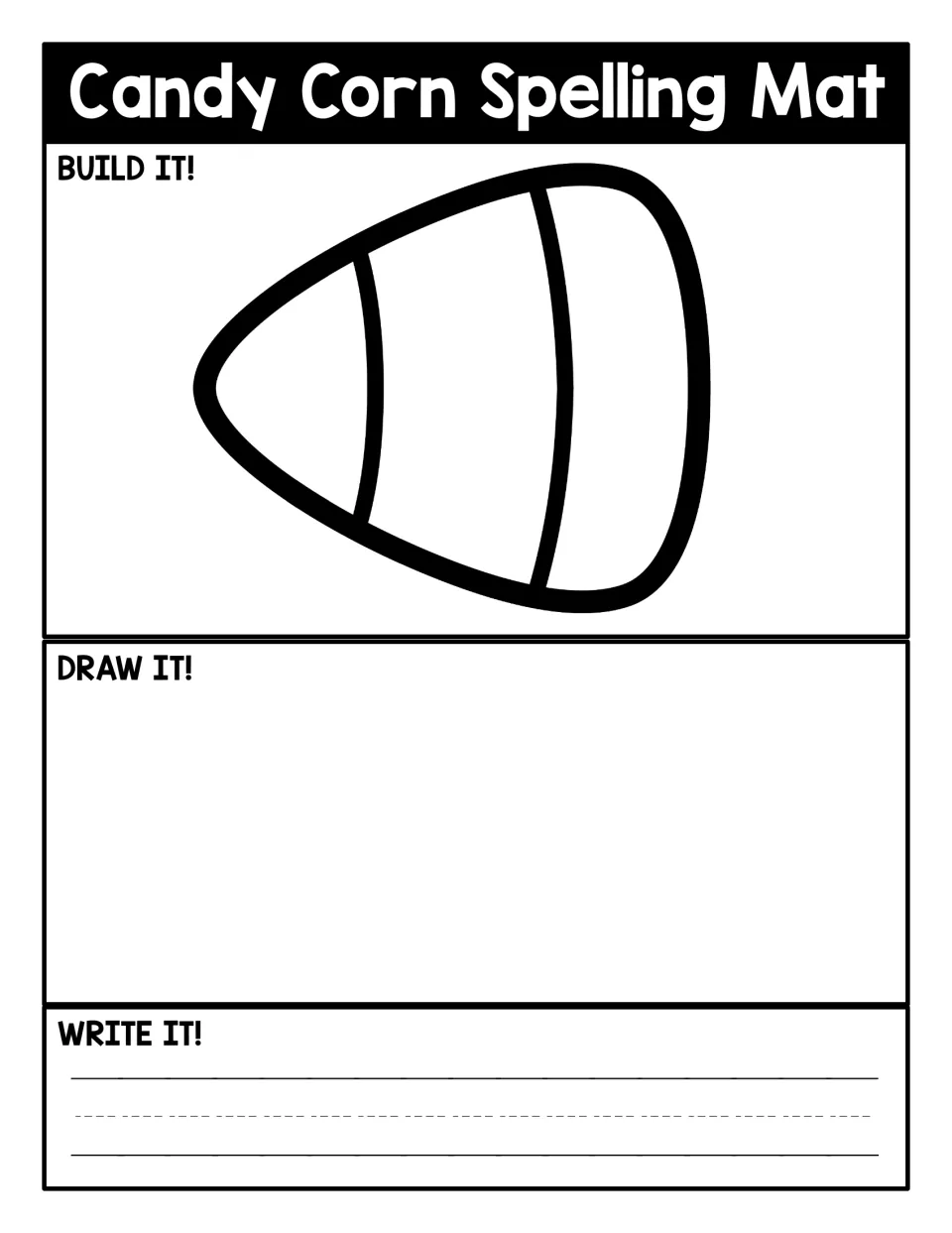 CVC spelling mat: students build a word in the candy corn, draw a picture of it, then write the word on the line below