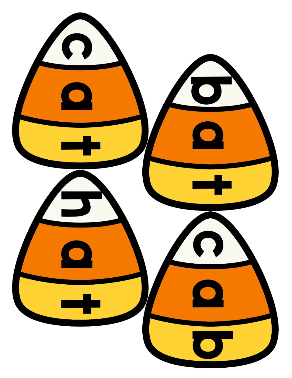 Color candy corn puzzle cut-outs with short a CVC words cat, bat, hat and cab, one letter on each of the three sections