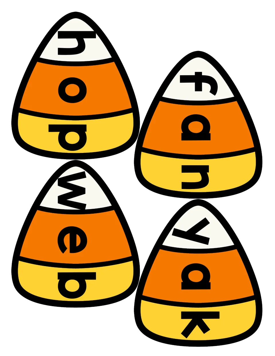 Color candy corn CVC puzzles for hop, fan, web and yak, each word split into three letter pieces to cut and match