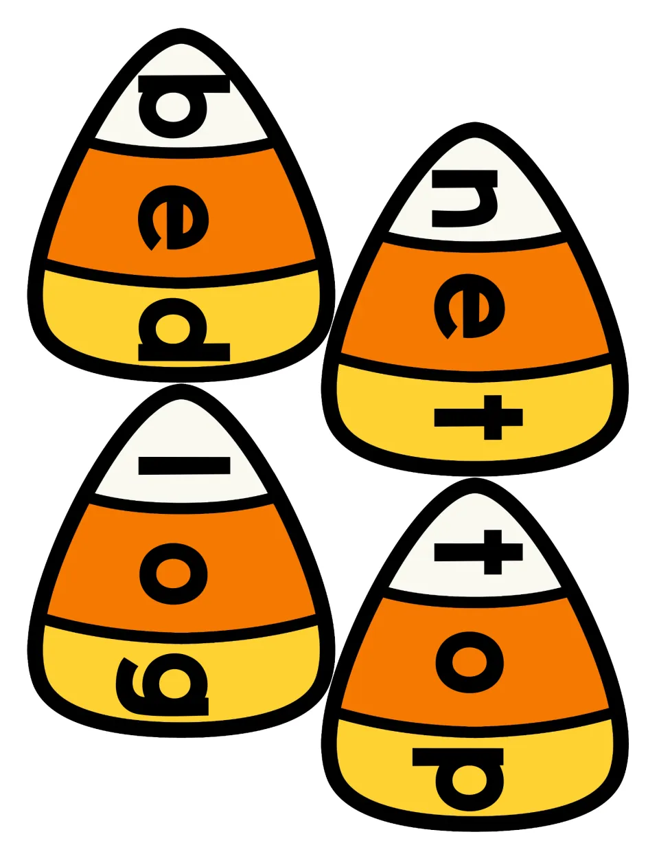 Color candy corn CVC puzzles spelling bed, net, log and top, with the beginning, middle and ending letter on each section