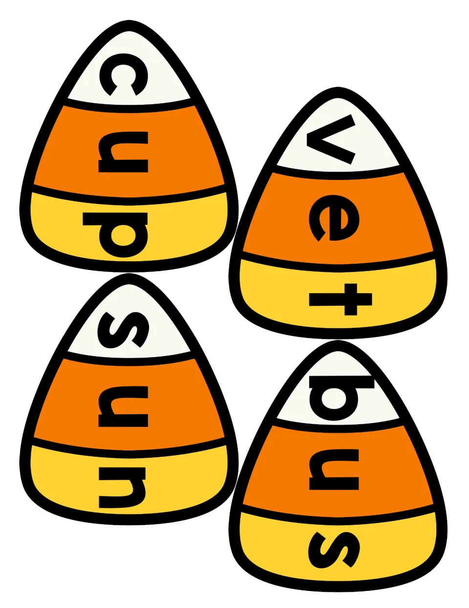 Color candy corn CVC puzzles for cup, vet, sun and bus; students cut the three letter pieces and put each word together