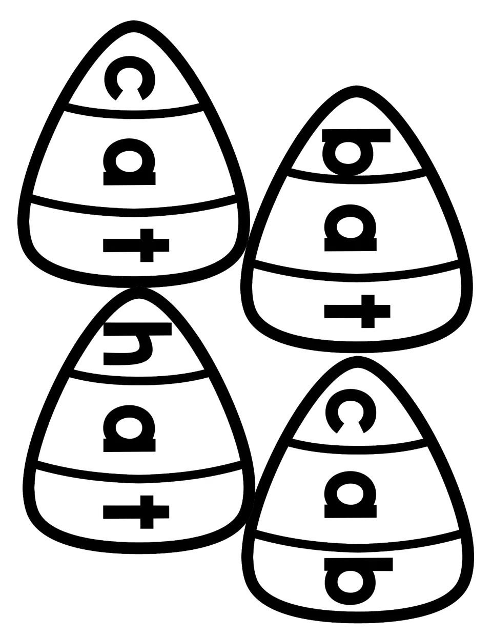 Black-and-white candy corn word puzzles for cat, bat, hat and cab that students can color before cutting apart the letters