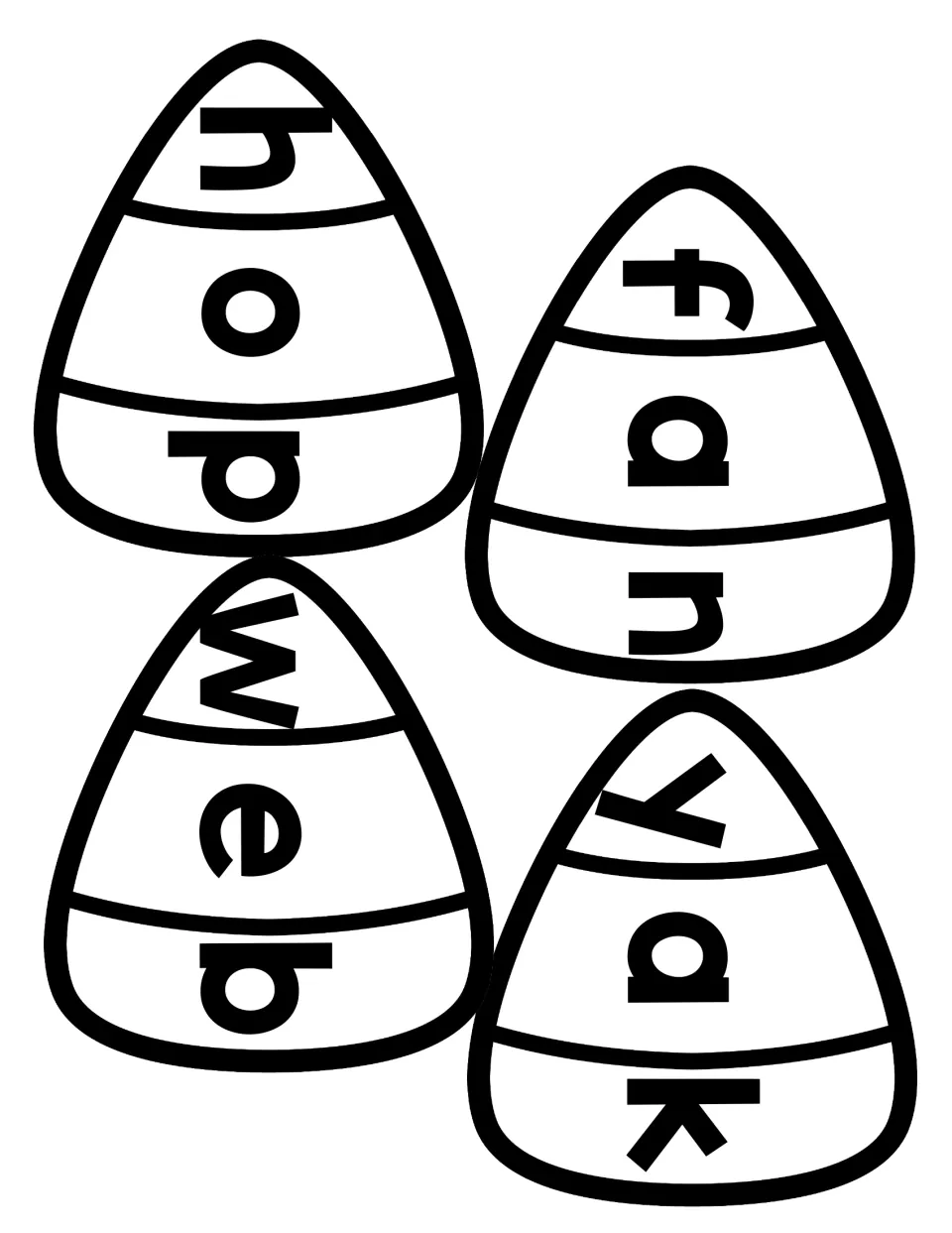 Black-and-white CVC candy corn puzzles for hop, fan, web and yak to color, cut into letter pieces and reassemble