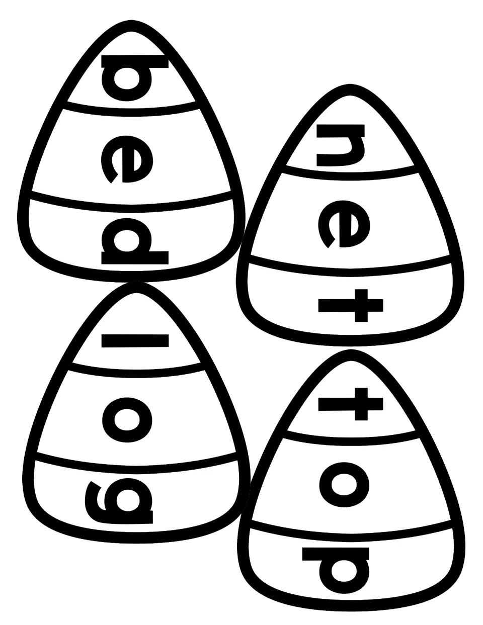 Black-and-white candy corn CVC puzzles for bed, net, log and top, ready for students to color, cut and spell